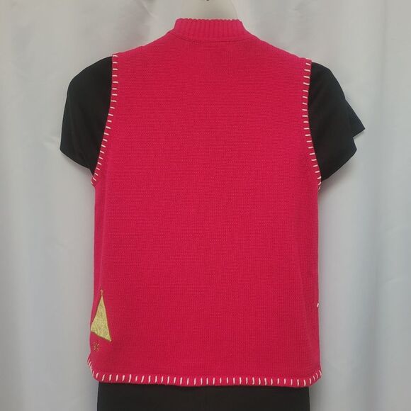 VTG Karen Scott Ugly Christmas Sweater Vest Red Xmas Trees Bling Full Zip Medium - Picture 7 of 10